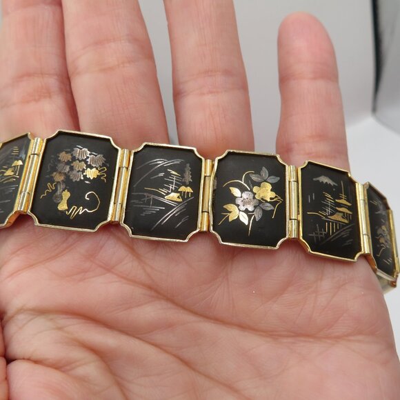 Japanese Damascene Style Panel Vintage Bracelet - Picture 3 of 10